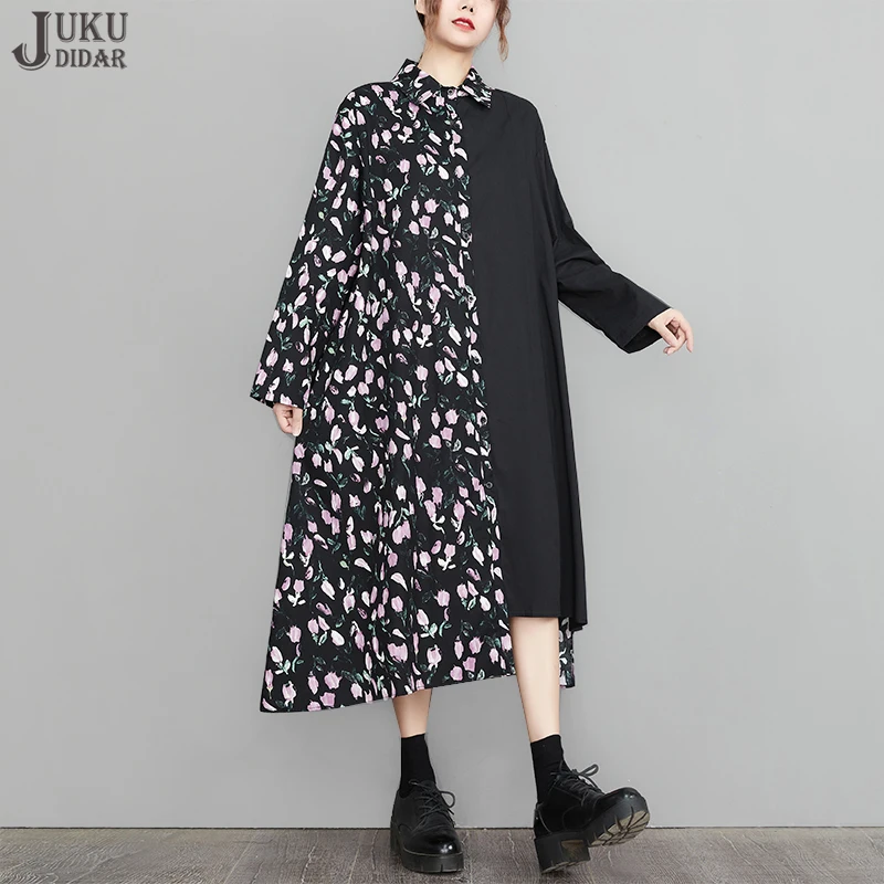 

Long Sleeve Big Size Loose Fit Tide Flowers Printed Woman Black Shirt Dress Casual Holiday Large Dress Robe Femme Style JJXD317