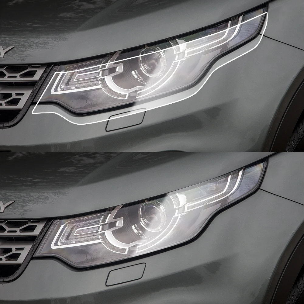 Фото Защитная пленка из ТПУ/ППФ для фар Discovery Sport 2015-2026, глянцевая, дымчато-черная, предварительно вырезанная, антицарапийная, виниловый комплект №2