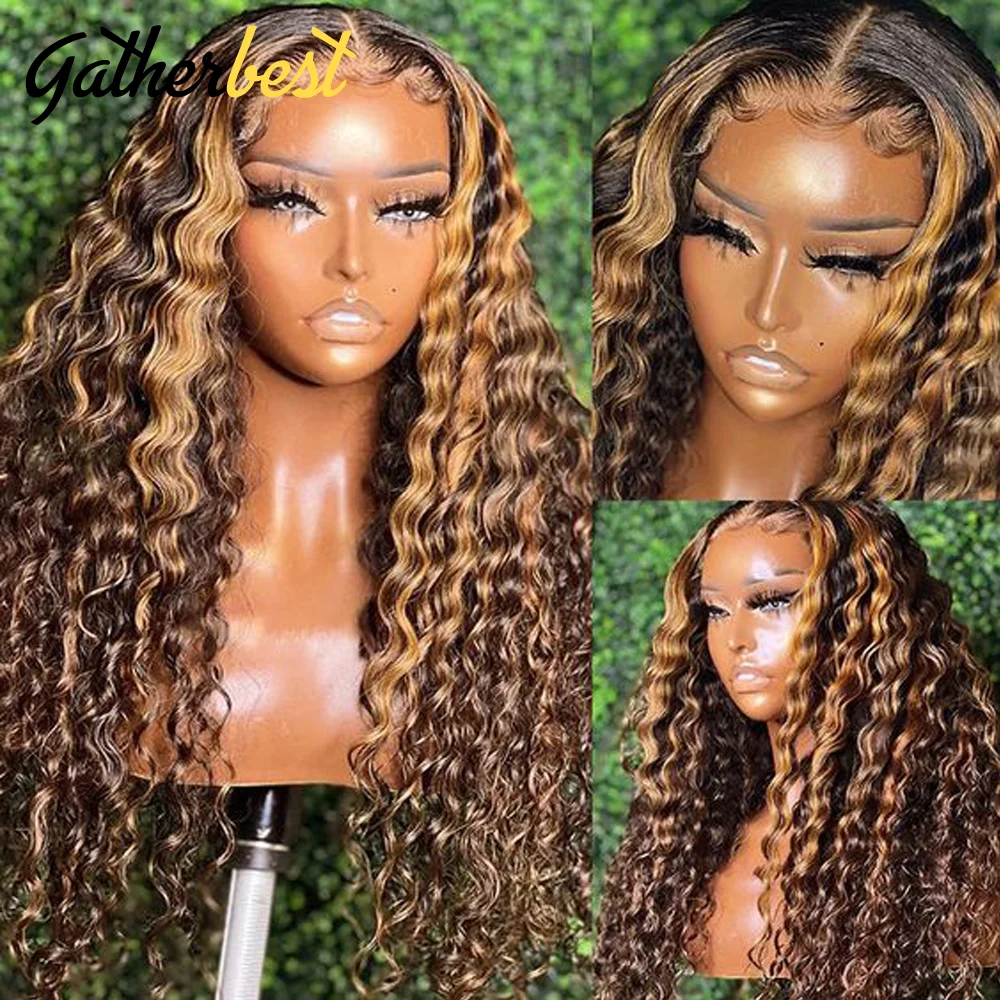 Highlight Deep Wave Human Hair Lace Frontal Wig P4/27 Honey Blonde Curly Human Hair Wigs Deep Curly 13x4 HD Lace Frontal Wigs