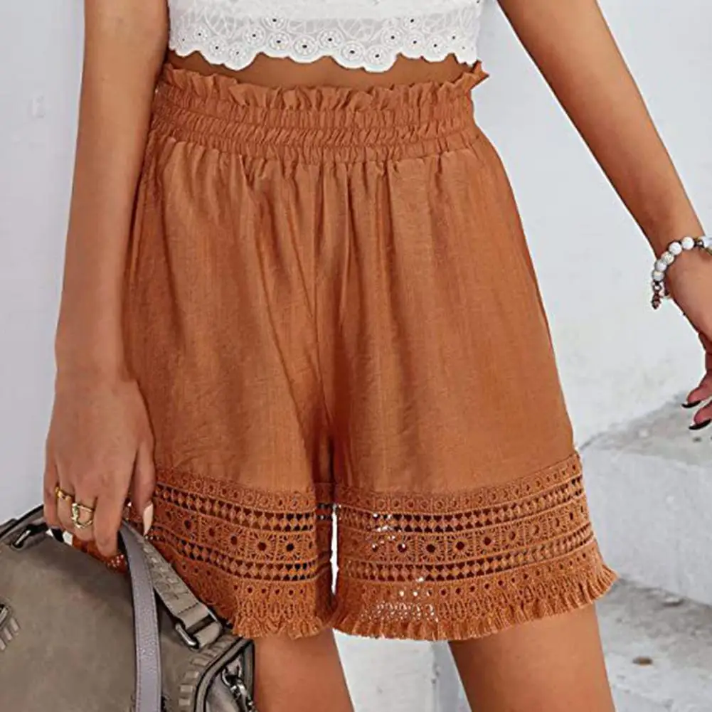 

Solid Color Hollow Out Woman Shorts with Pockets Casual Cuff Elastic Waist Casual Shorts Loose Summer High Waist Short Trousers