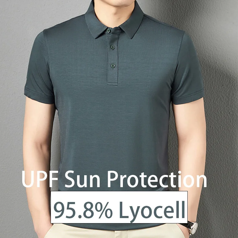 

95.8% Lyocell UPF Sun Protection Stretch Cool Dry Golf Shirt Men Active Business Casual Polo Shirts Solid Mens Short Sleeve 2XL