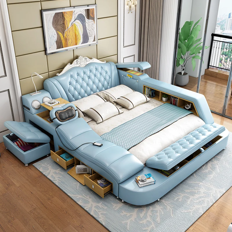 

Home supply furniture decoration bedroom furniture Tatami multi-function bed wood bed frame and bench stool smart intelligence