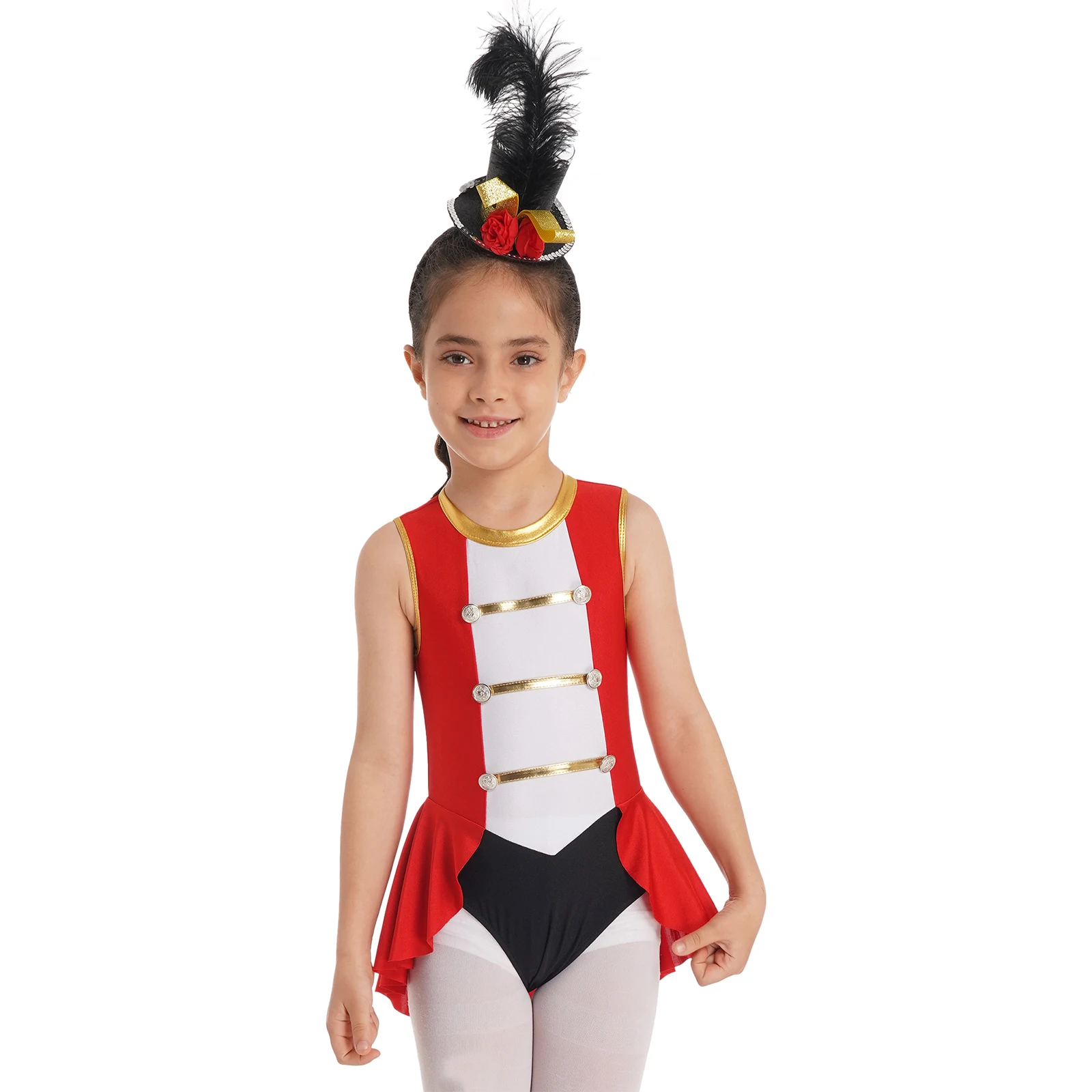 

Kids Girls Circus Romper Leotards Sleeveless Buttons Adorned Contrast Color Jumpsuit+Mini Top Hat for Halloween Cosplay Costume