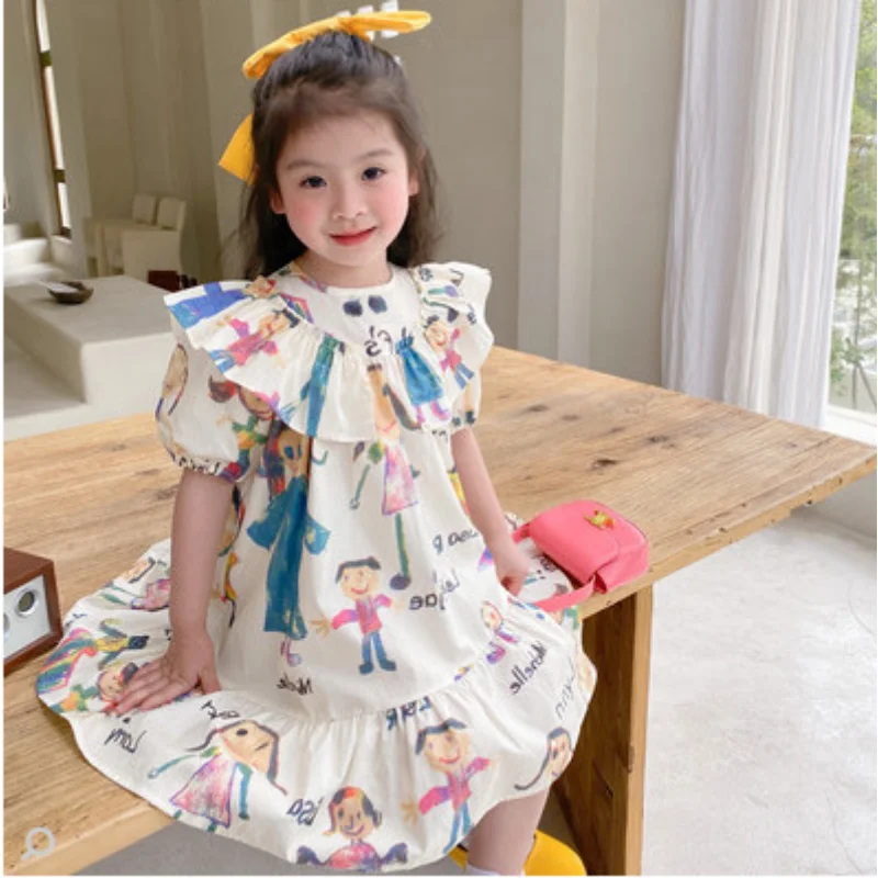 

2023 Kids Comfortable Birthday Party Wear Children Clothes Outfits Vestidos Girls Summer Dress Printed Cut Fashion Elegant Girl