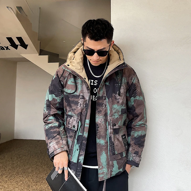 

Men 2023 Winter Fashion Camouflage Print Down Coats Male Thick Warm Hooded Jacket Men's Loose White Duck Down Outerwear S79