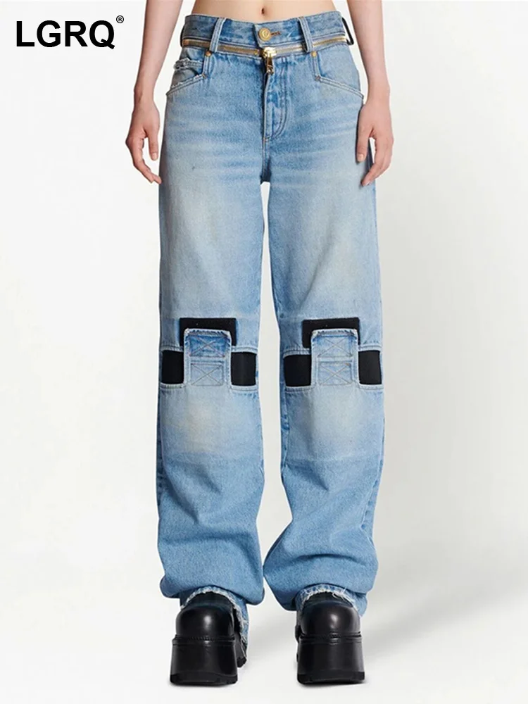 

LGRQ Fashion Women's Jeans New Patchwork Zipper Loose High Waist Big Pockets Straight Denim Pants Female Summer 2023 19J4327