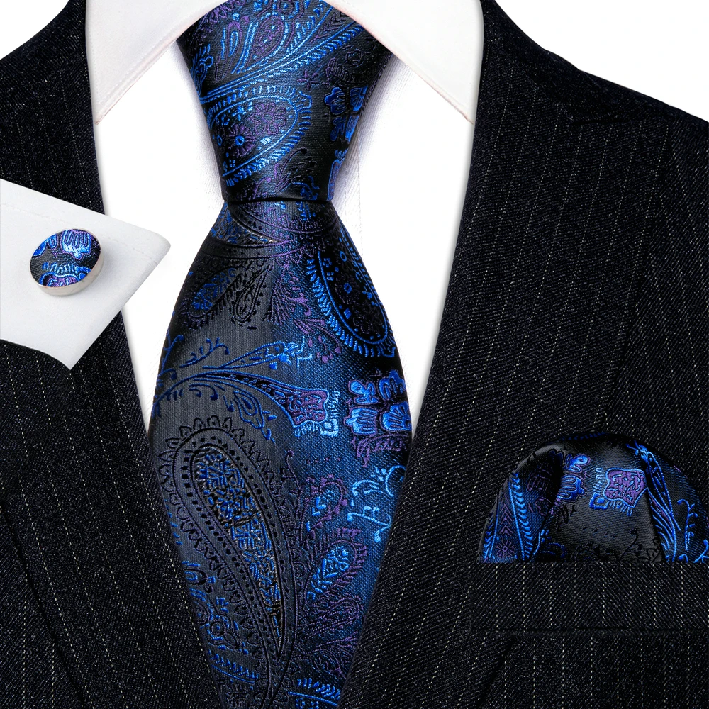 

Designer Ties for Men Blue Purple Paisley Silk Neck Tie Pocket Square Cufflinks Set Wedding Gift Barry·Wang Clip Brooches 6053