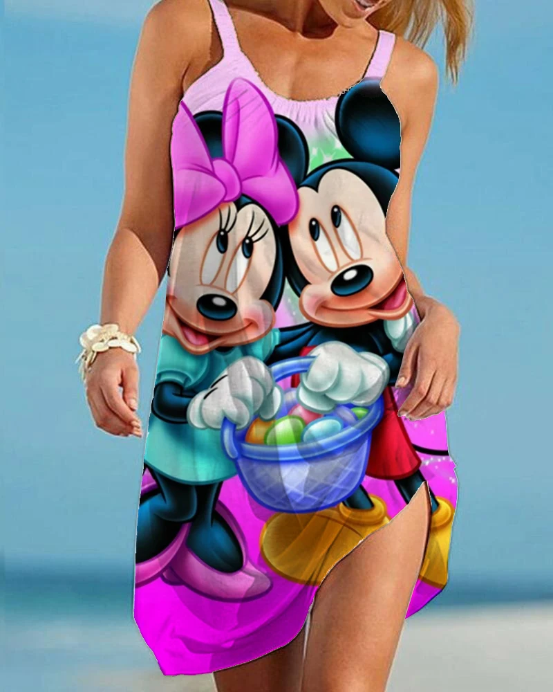 Hot Sale Women's Beach Dress Sleeveless Elegant Dress Cartoon Loose Sling Minnie Mouse Sexy Women's Disney Print New Nightdress