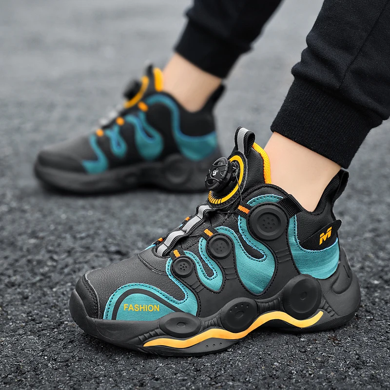 Basketball Sneakers Kids 2022 Hot Selling Leather Surfaced Rotary Buckle Children's Sports Shoes Size 28-39 Shoes for Girls