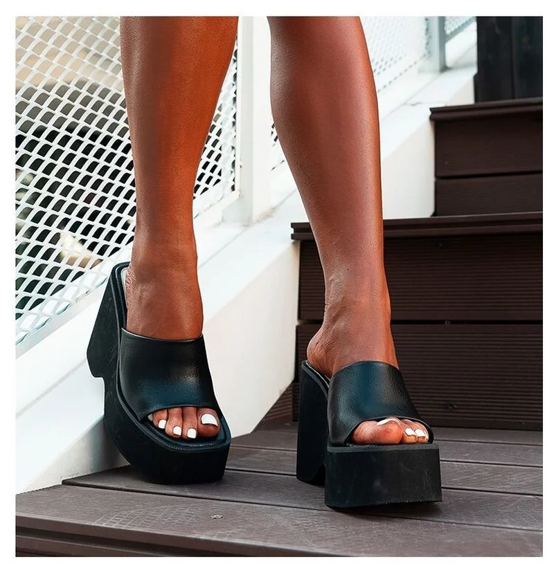 

Big Size 43 Summer Black White Chunky Heeled Mules High Heels Leisure Trendy Platform Wedges Sandals Shoes for Women 2022