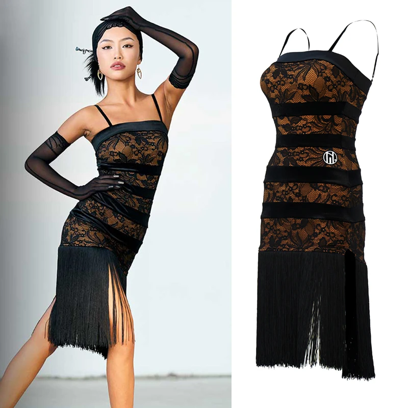 

Женское платье для латиноамериканских танцев, черное кружевное платье с бахромой, модель SL8375, 2023