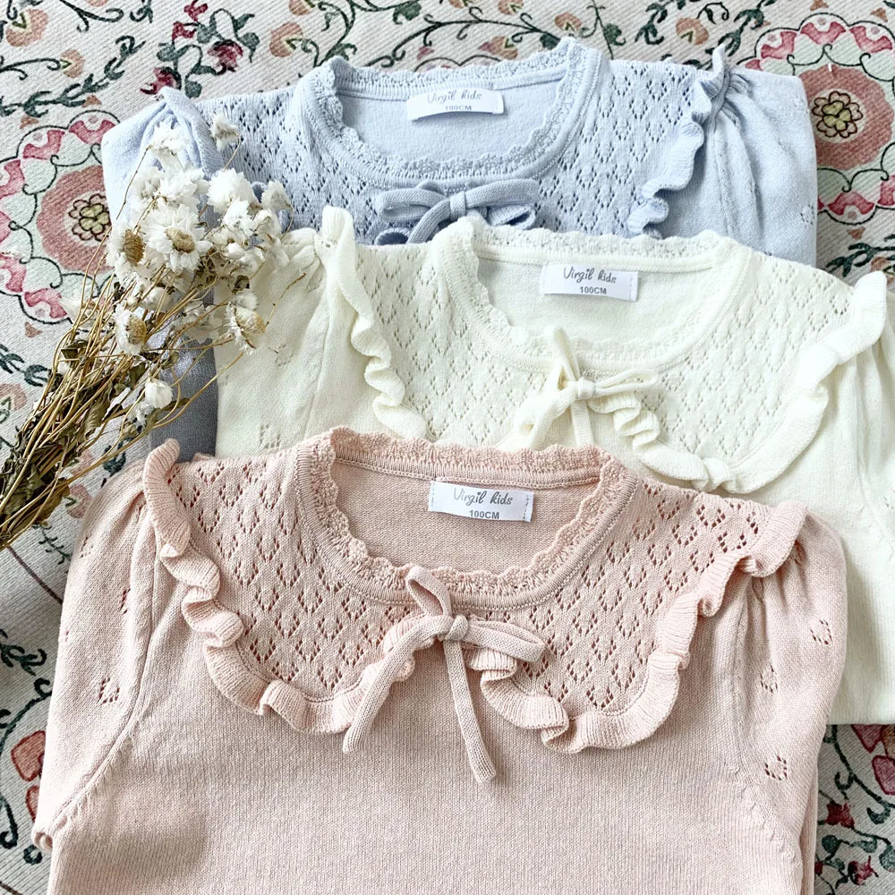 

Solid Sleeve Deer Ruched Jonmi Knitted Color Style Short Kids Summer Tops Sweaters 2022 Baby Collar Pullovers Girls Korean
