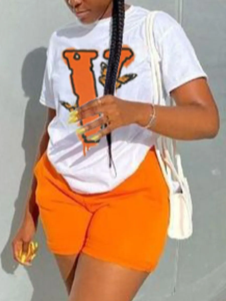 

LW Plus Size Butterfly Letter Print Shorts Set Summer Women Casual T-Shirt Y2k Top Shorts Set Femme Short Sleeve Two Pieces Set