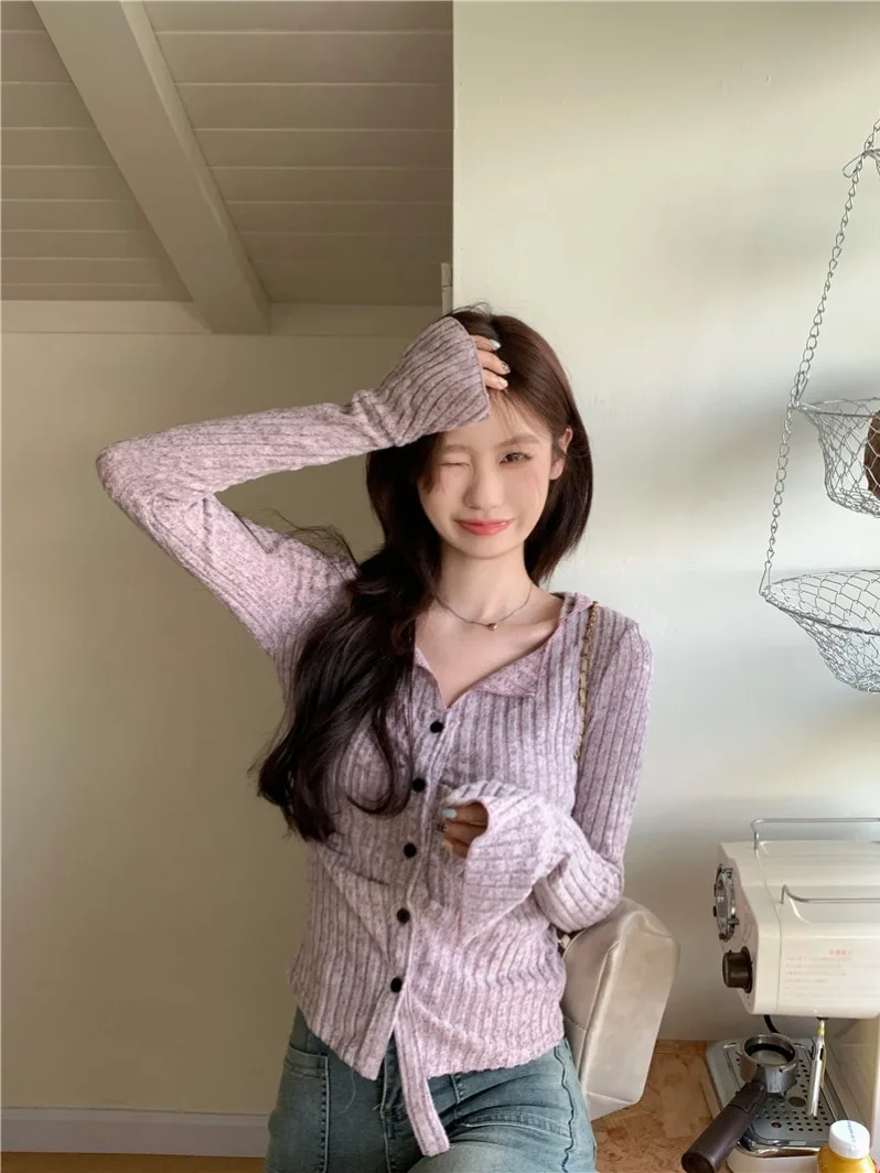 Корейская серия свитер с v-образным вырезом и длинными рукавами вязаный женский
