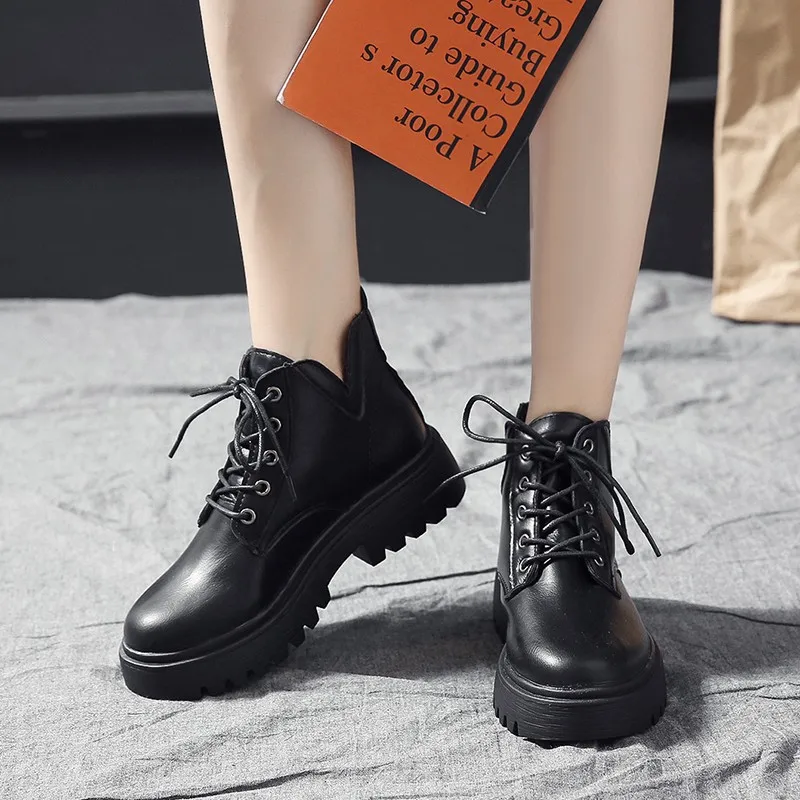 2022 New Autumn Spring Woman Boots Women's Motorcycle Boot  Footwear Lace Up Leather Non Slip Fashion Platform Women Boots