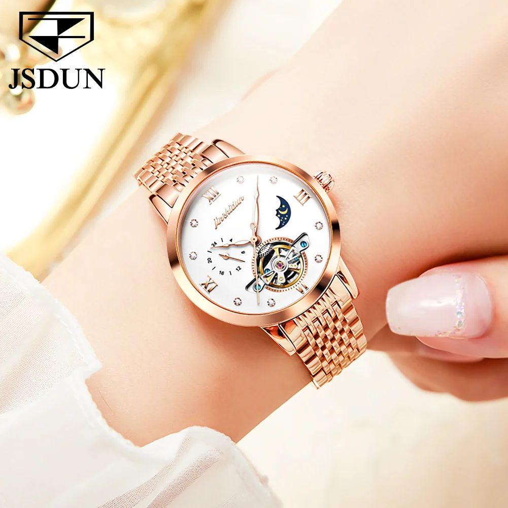 JSDUN Automatic Self-wind Mechanical Watch for Women Skeleton Design Diamond Watch Moon Phase Stainless Steel Watch Gifts Women enlarge