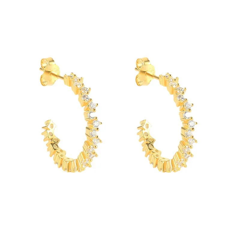 

European and American fashion simple C-shaped row diamond earrings Women's earrings symmetrical full diamond earrings