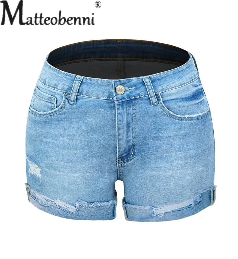 Fashion Street Stretch Tight Denim Shorts Female Casual Light Blue Broken Holes Three Quarter Pants 2023 Summer Women's Clothing