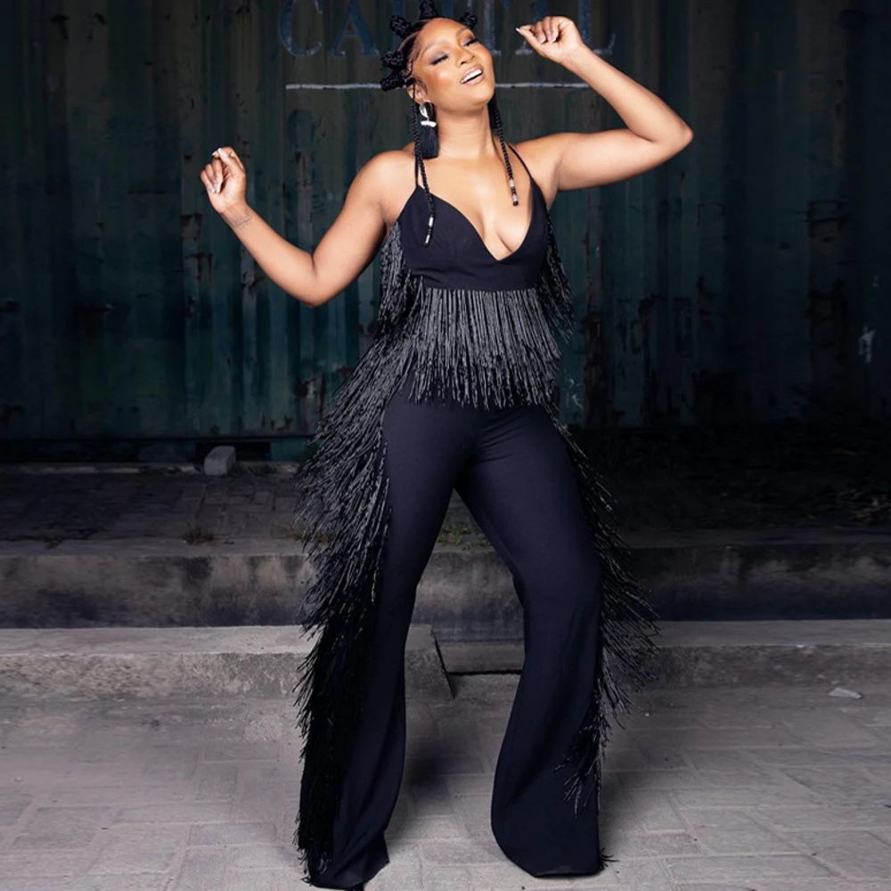 

Женский черный комбинезон с кисточками, весна 2023, новый товар, однотонные брюки без рукавов с высокой талией, женский модный сексуальный Облегающий комбинезон