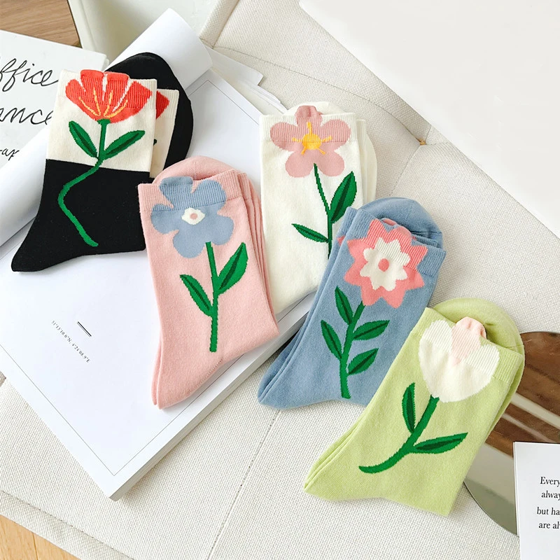 1 Pair Women Socks Flower Pattern Ruffle Cute Kawaii Japanese Korean Style Cartoon Harajuku Breathable Casual Short Cotton Socks