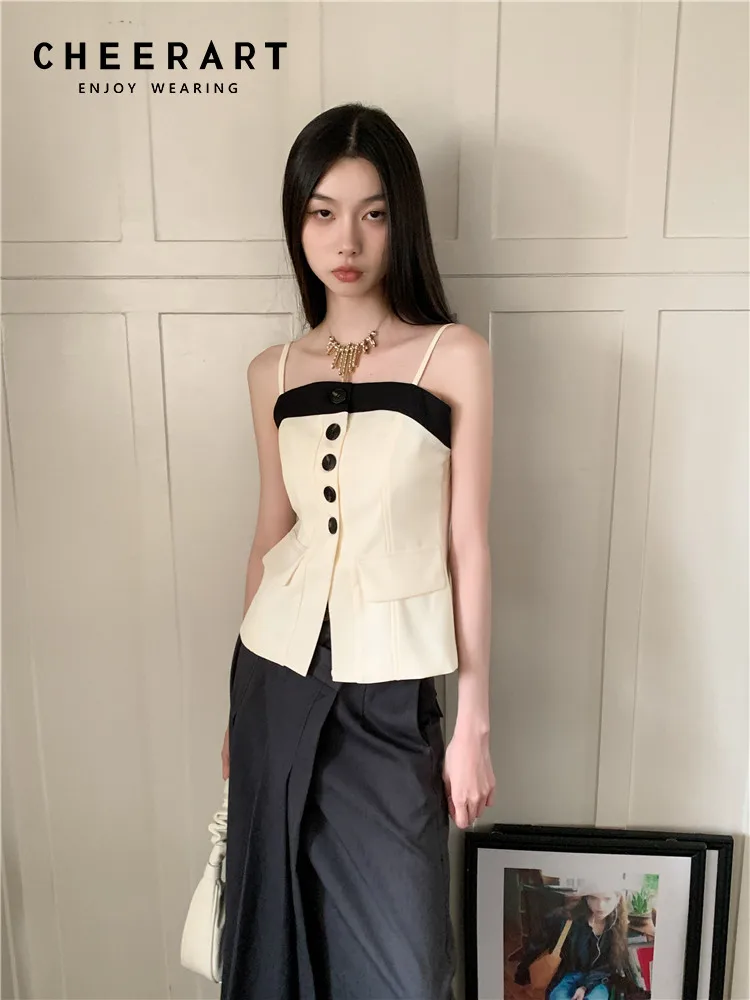 

CHEERART Patchwork Fashion Crop Tops For Women 2023 Summer Backless Camisole Beige Designer Cute Top Clothing