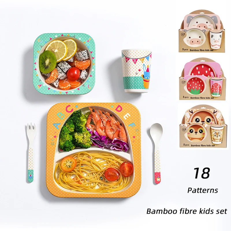 

Мультяшный набор посуды для детей 5 шт./лот тарелка в виде животных миска чашка Ложка Вилка дружественная посуда из бамбукового волокна