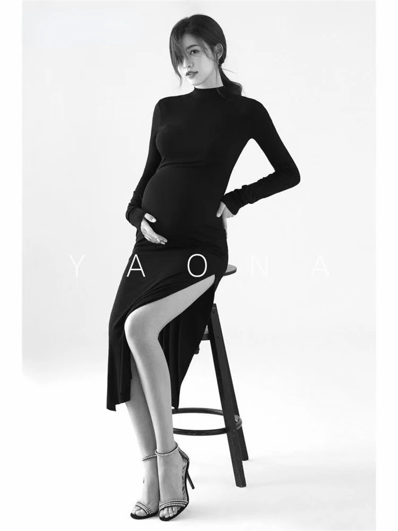 Women Pregnancy Photography Props Maternity Dresses Black Full Sleeve Knit Black Slim Dress Studio Photoshoot Clothes