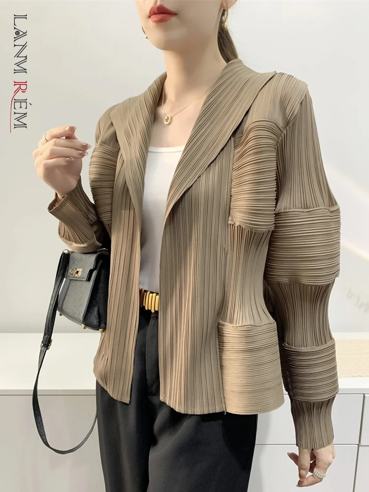 

LANMREM Lantern Sleeves Pleated Shirt For Women Lapel Open Stitch Tops Spliced Female Clothing Solid Color 2023 Autumn 2YA917