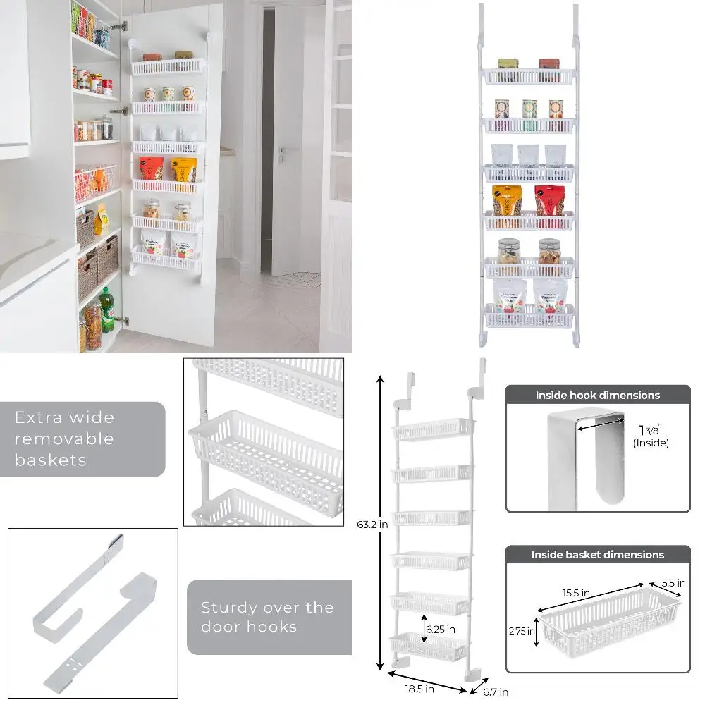 

Handsome 18.5x63.2 inch Over the Door White Pantry Organizer Storage Rack with 6 Baskets.