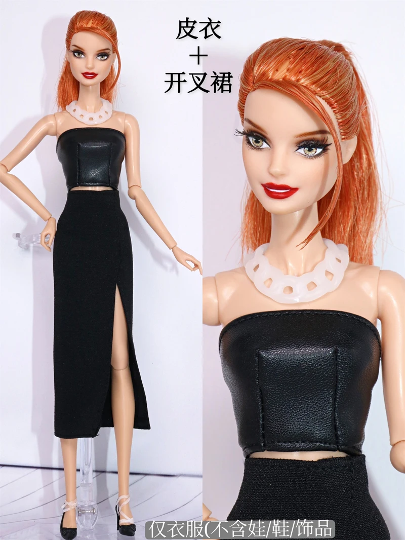 Черный кожаный топ + юбка/ручная работа 30 см Кукольное платье комплект одежды