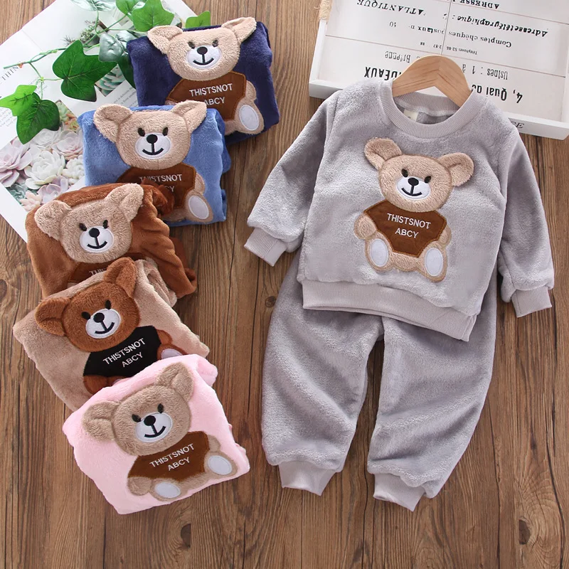 

Autumn Winter Warm Flannel Pajamas Set Cute Bear Baby Boys Girls Clothes Set Children Sleepwear Toddler Plush Suit Kids Homewear