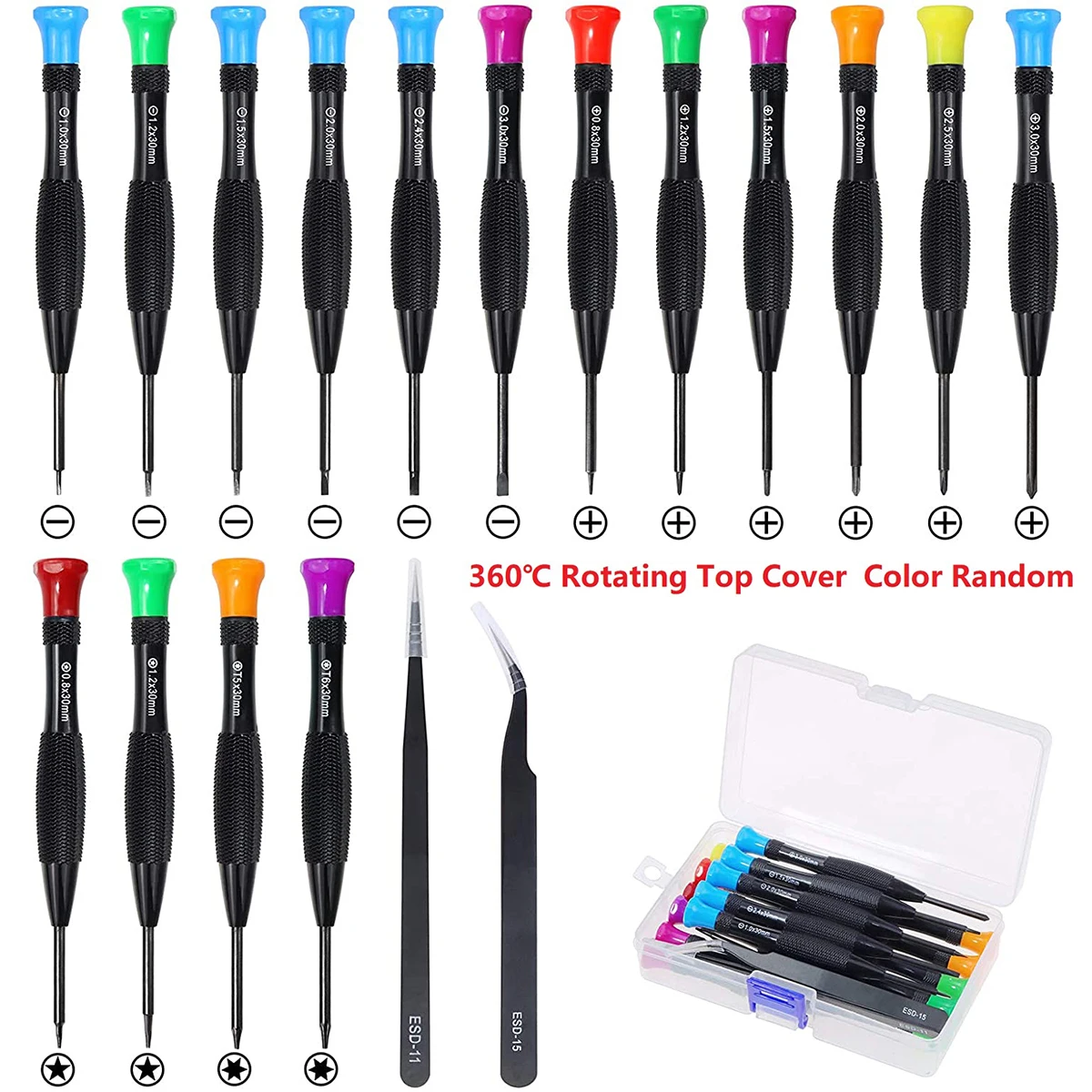 

18Pcs Screwdriver Set with Hole Magnetic0.8-3mm Cross Screwdriver for Watch Eyeglasses Jewelry Electronics Repair