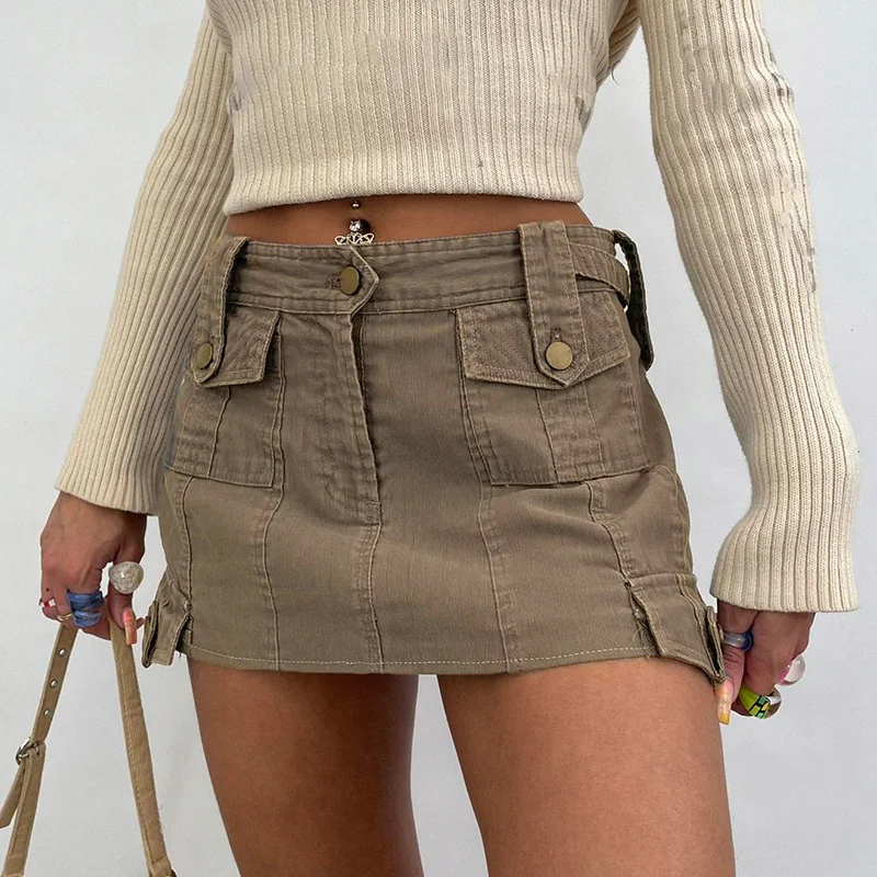 

2023 Khaki Pocket Workwear Denim skirt New Split Slim Wrap Hip Skirt Adjustable Button Low rise Skirt