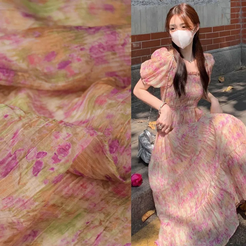 

High Quality Peach Color Flower Print Sky Silk Chiffon Fabric For Dress Cheongsam Han Cloth Sewing Telas T2022