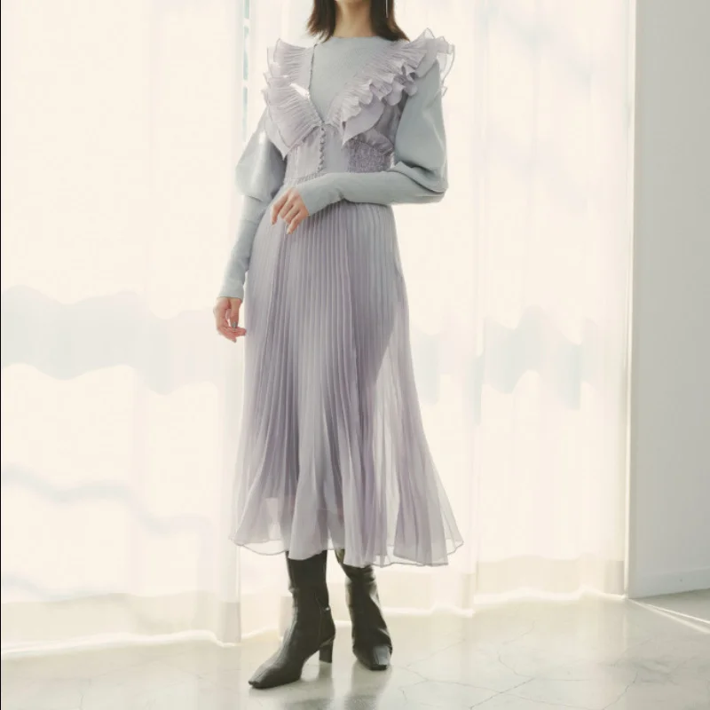 

2PCS Elegant Flounced Dege Dress Sweet Pleated Tank Dresses + O-neck Lantern Sleeve Knit Robes Slim A-line Midi Vestidos