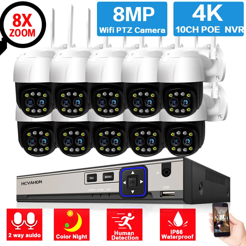 

8X Zoom 4K Wifi PTZ IP Camera with 10CH 8MP POE NVR System Auo Tracking 2 Way Audio CCTV Security Surveillance Camera Kit 8CH