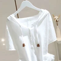 98 cotton t shirt women fashion hooded short sleeved t shirt 2022 spring summer korean style loose thin all match pullover tops