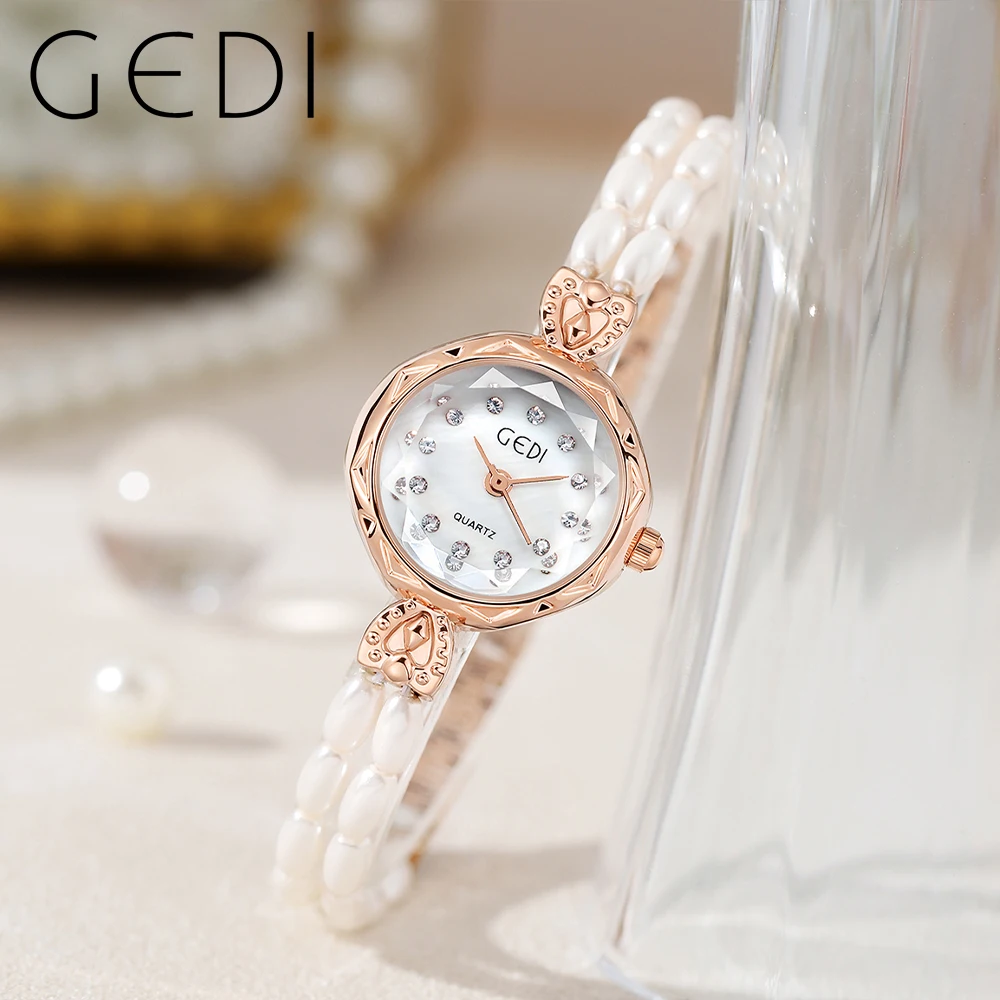 GEDI Luxury Women's Watches Waterproof Rhinestone Pearl Quartz Bracelet Watch for Women Elegant Ultra-thin Lady Watch Clock Gift