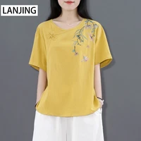 retro embroidery printed top summer mothers wear round neck loose top short sleeve bottoming shirt tops for women