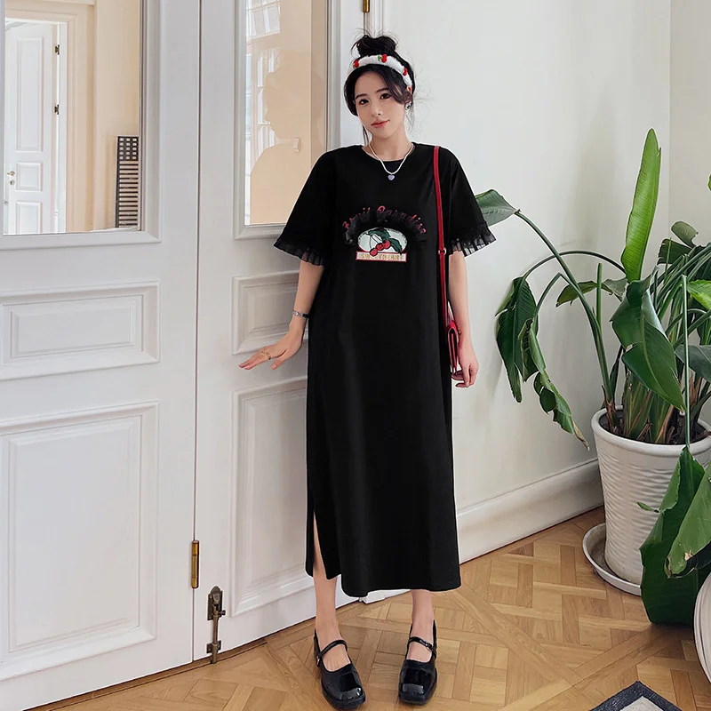 

#6329 Black Printed Long T Shirt Dress Women Short Sleeve Cotton Loose Split Joint Straight Dress Ankle-length Harajuku Summer