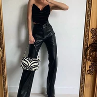 woman high waistleather pants zipper fly pockets solid color straight long pants female new fashion brown black slim trousers