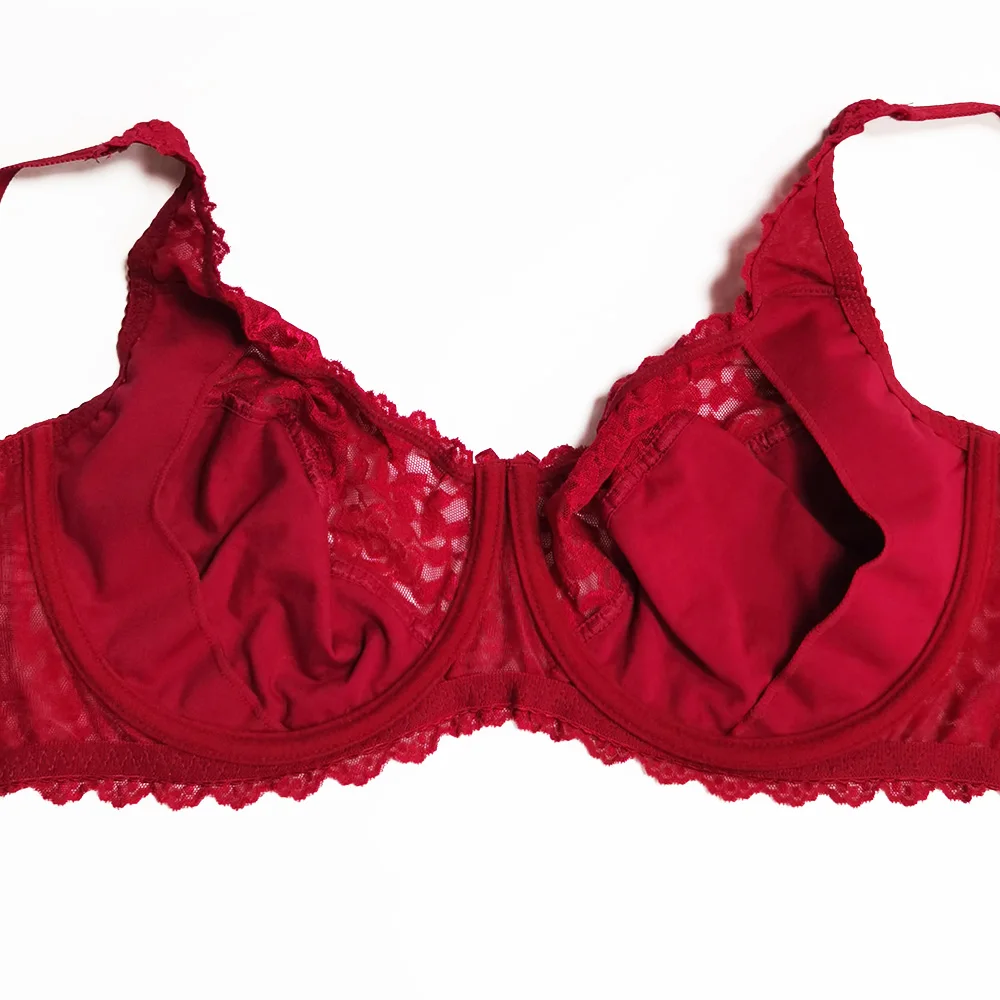 Women Lace Bra Full Coverage Bras Red Underwire Unlined Big Size Floral C D E F G H I 34 36 38 40 42 44 46