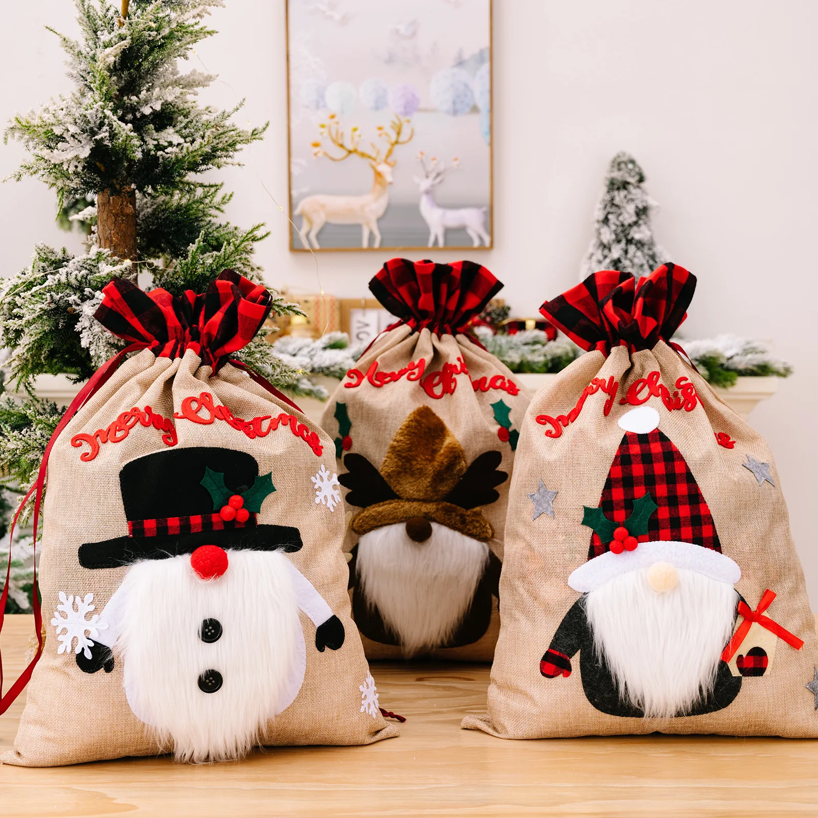 

2PCS Christmas Decoration Gift Bags 36x56cm Old Man Snowman Deer Linen Plaid Side Kid's Candy bag Festive Atmosphere Decoration