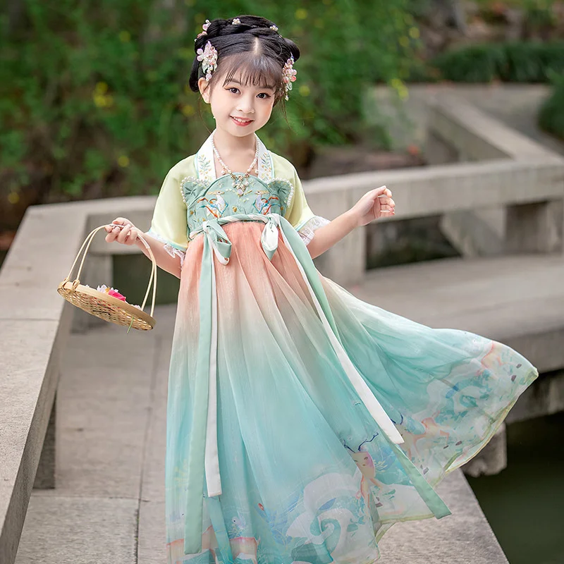 

Summer 2022 Short Sleeve Children's Embroidered Improved Han Suit Breast Length Ru Skirt Super Fairy Princess Dress