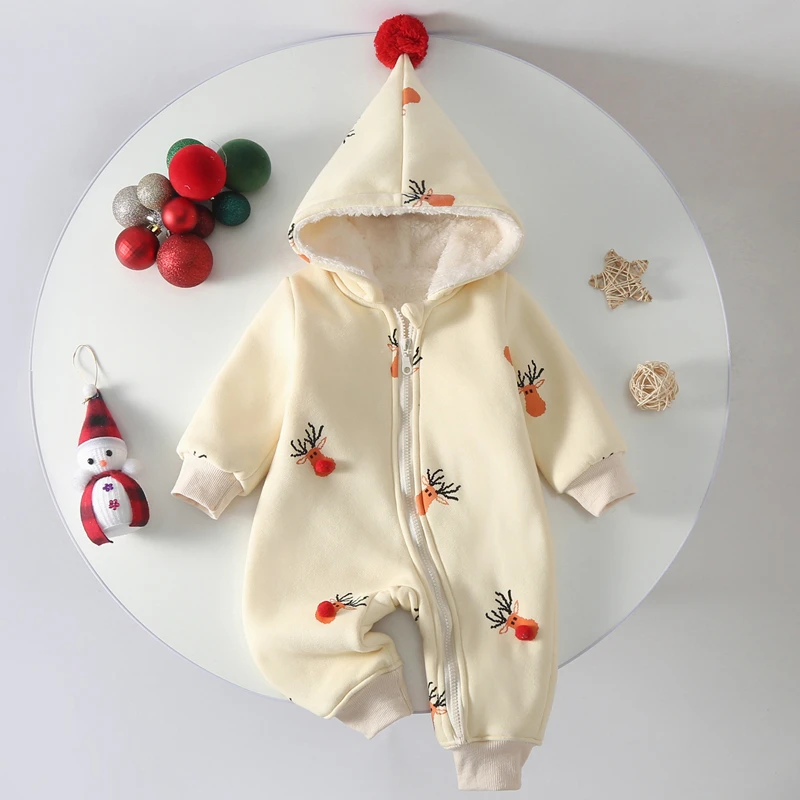 

New Born Baby Girl Christmas Jumpsuit Winter Cute Reindeer Boy Fleece Lining Hooded Bodysuits for Infants Cotton Kids Clothes