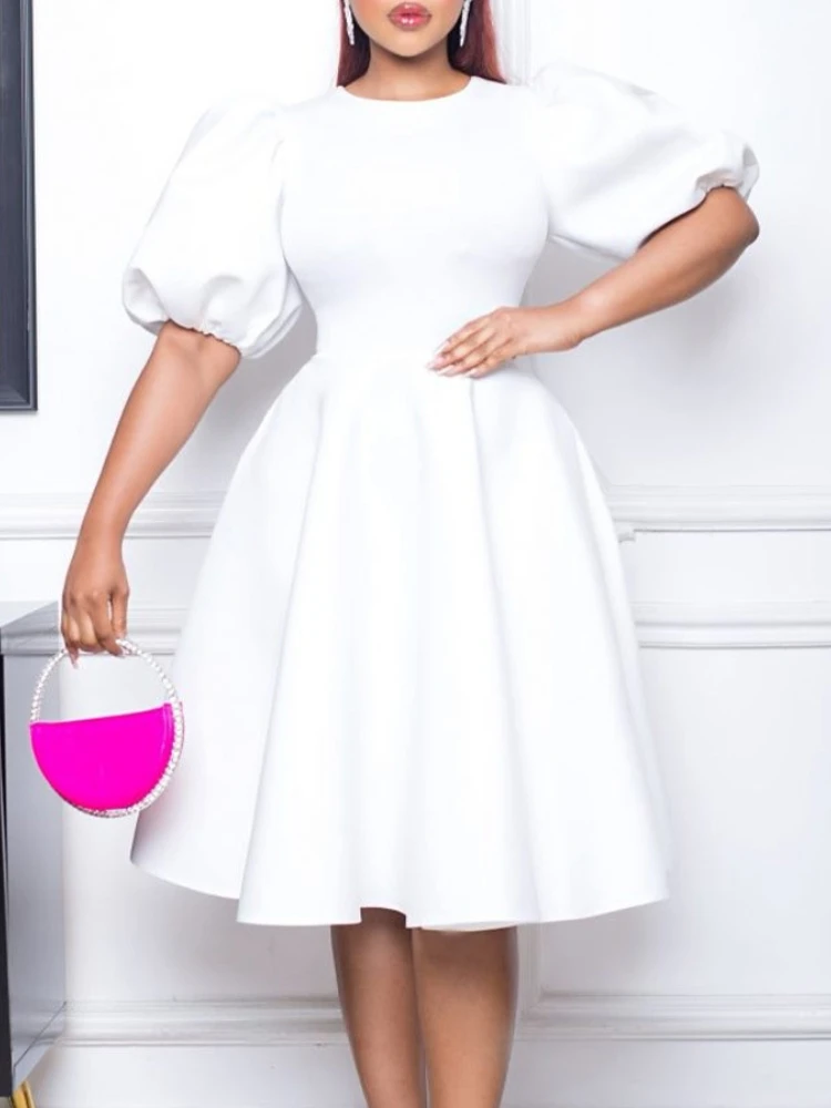Women Elegant Club Party Dress Plus Size Puff Sleeves Pleated Midi Dresses High Waist Fashion Swing Robes Femme Gowns Vestidos