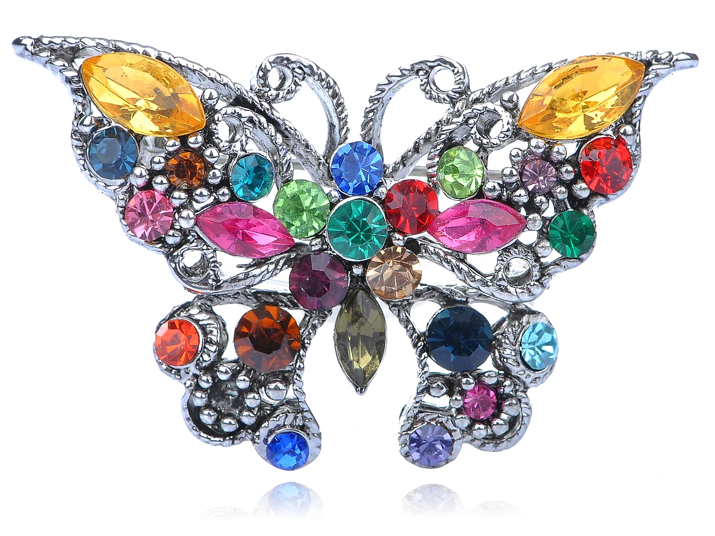 

Silvery Tone Rainbow Multi Colored Rhinestone Butterfly Insect Bug Wings Brooch Pin