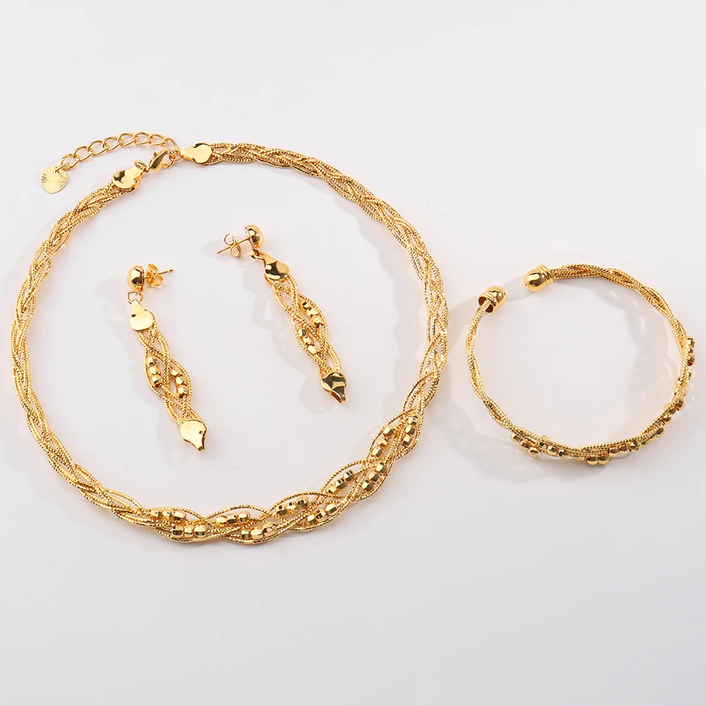 

African Jewelry Sets for Women Dubai Sparkly Necklace Fashion Earrings Gold Plated Bracelet Bangle for Ethiopia Bridal Gift