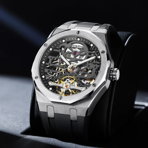 Автоматические механические часы AILANG 2023, мужские часы с турбийоном, водонепроницаемые черные стальные часы с резиновым ремешком, мужские часы