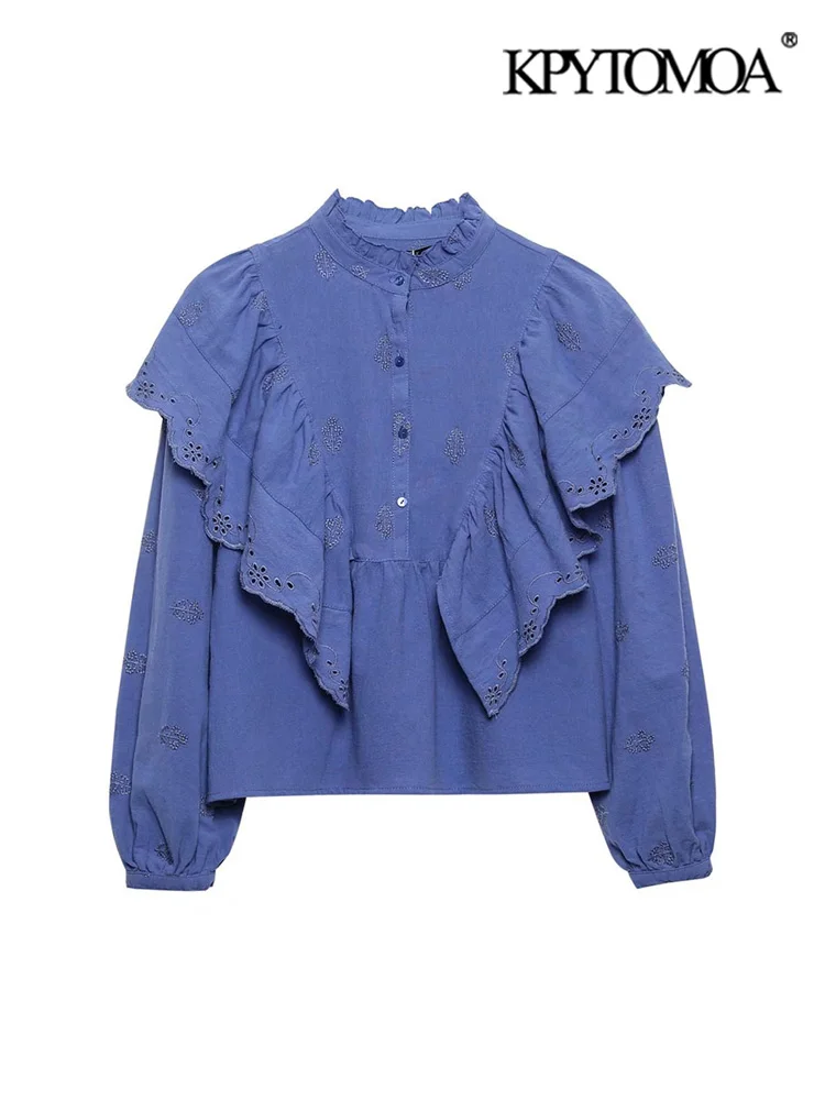

KPYTOMOA Women Fashion With Ruffles Embroidery Blouses Vintage Long Sleeve Button-up Female Shirts Blusas Chic Tops